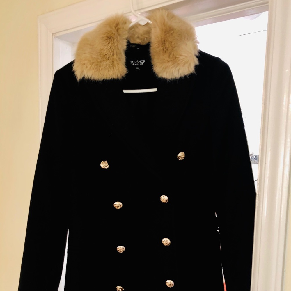 Topshop Long Black Coat with Faux Fur